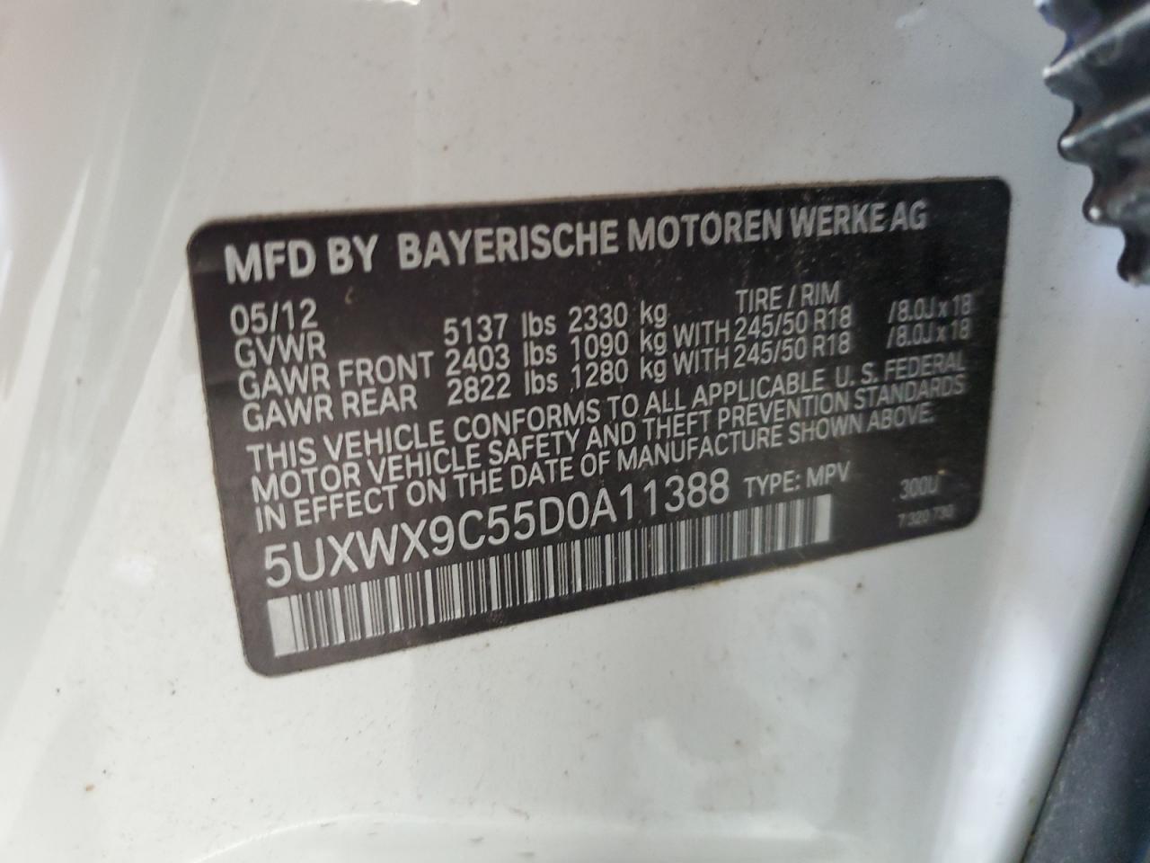 2013 BMW X3 xDrive28I VIN: 5UXWX9C55D0A11388 Lot: 62534825