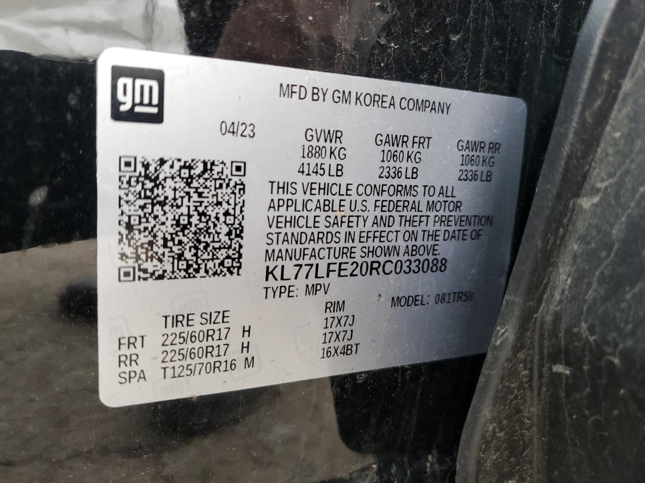 VIN: KL77LFE20RC033088 2024 CHEVROLET TRAX