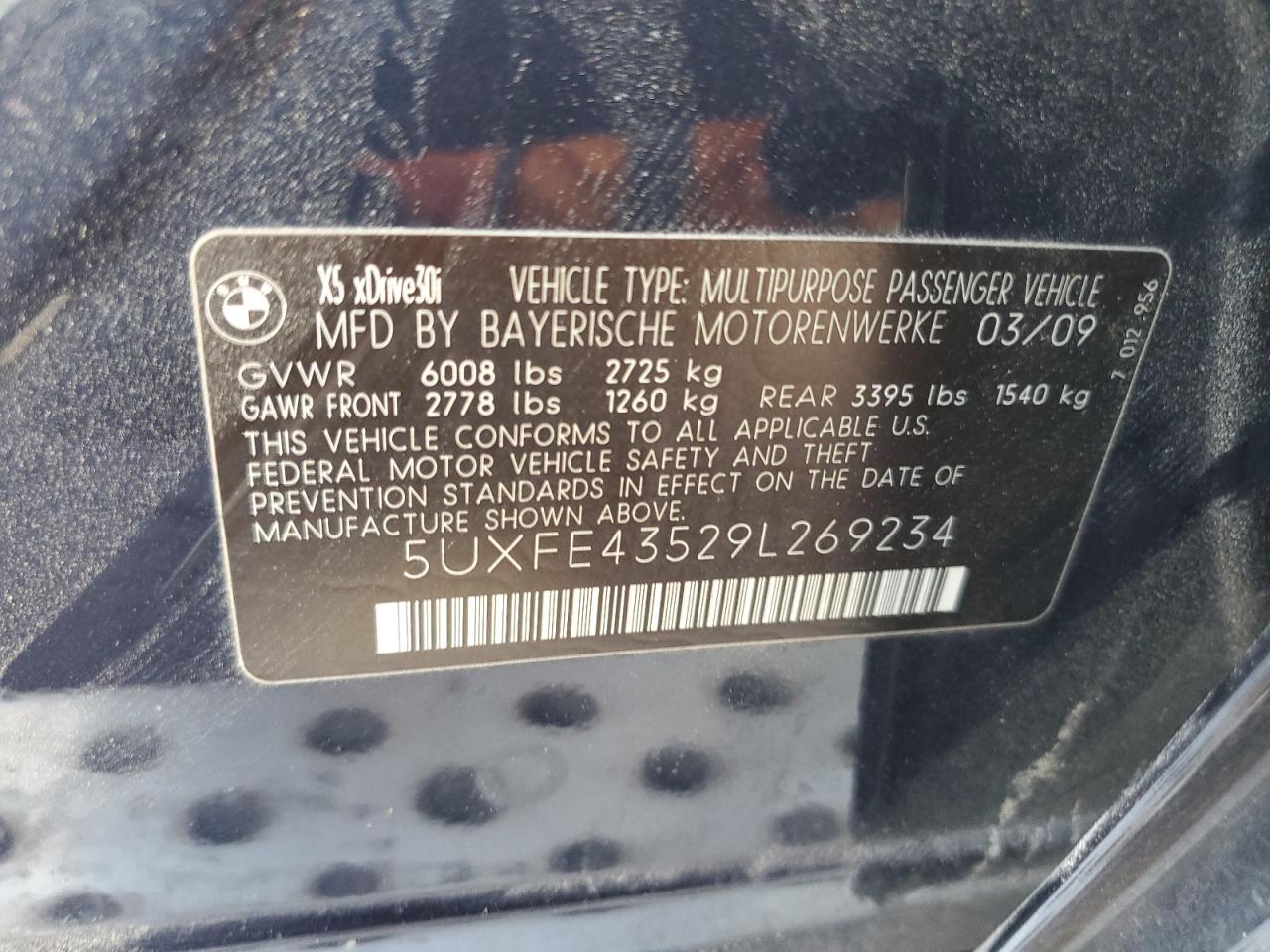 2009 BMW X5 xDrive30I VIN: 5UXFE43529L269234 Lot: 60314945