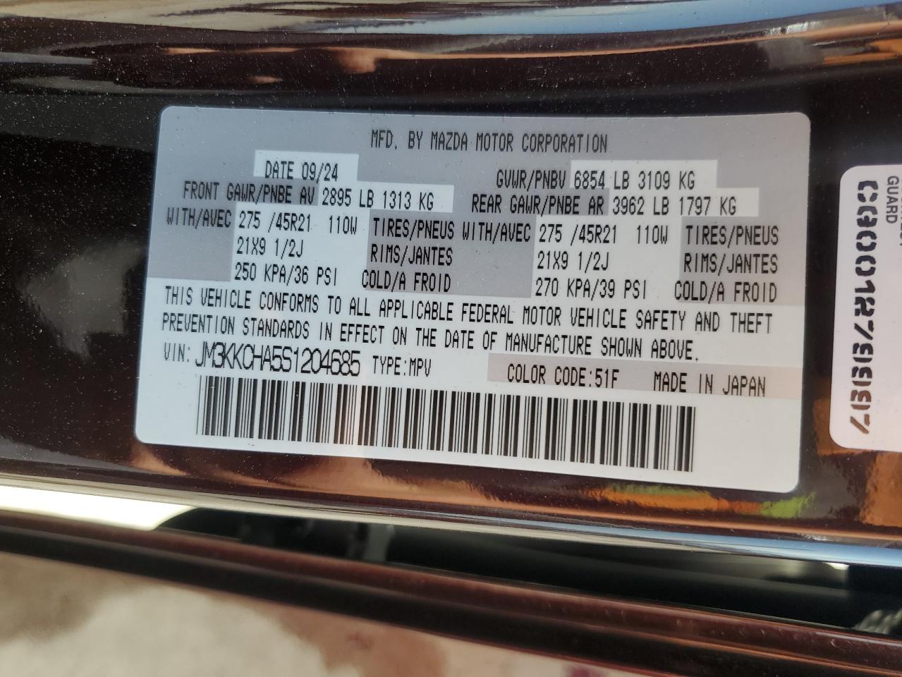 2025 Mazda Cx-90 Premium Sport VIN: JM3KKCHA5S1204685 Lot: 59127075