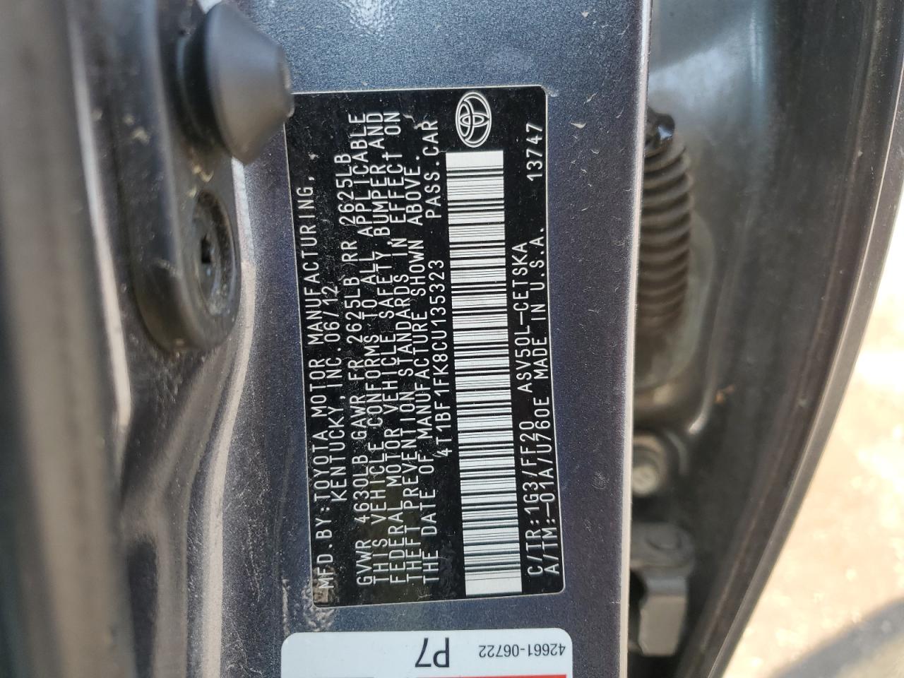 TOYOTA CAMRY 2012 VIN 4T1BF1FK8CU135323 zdjęcie 12