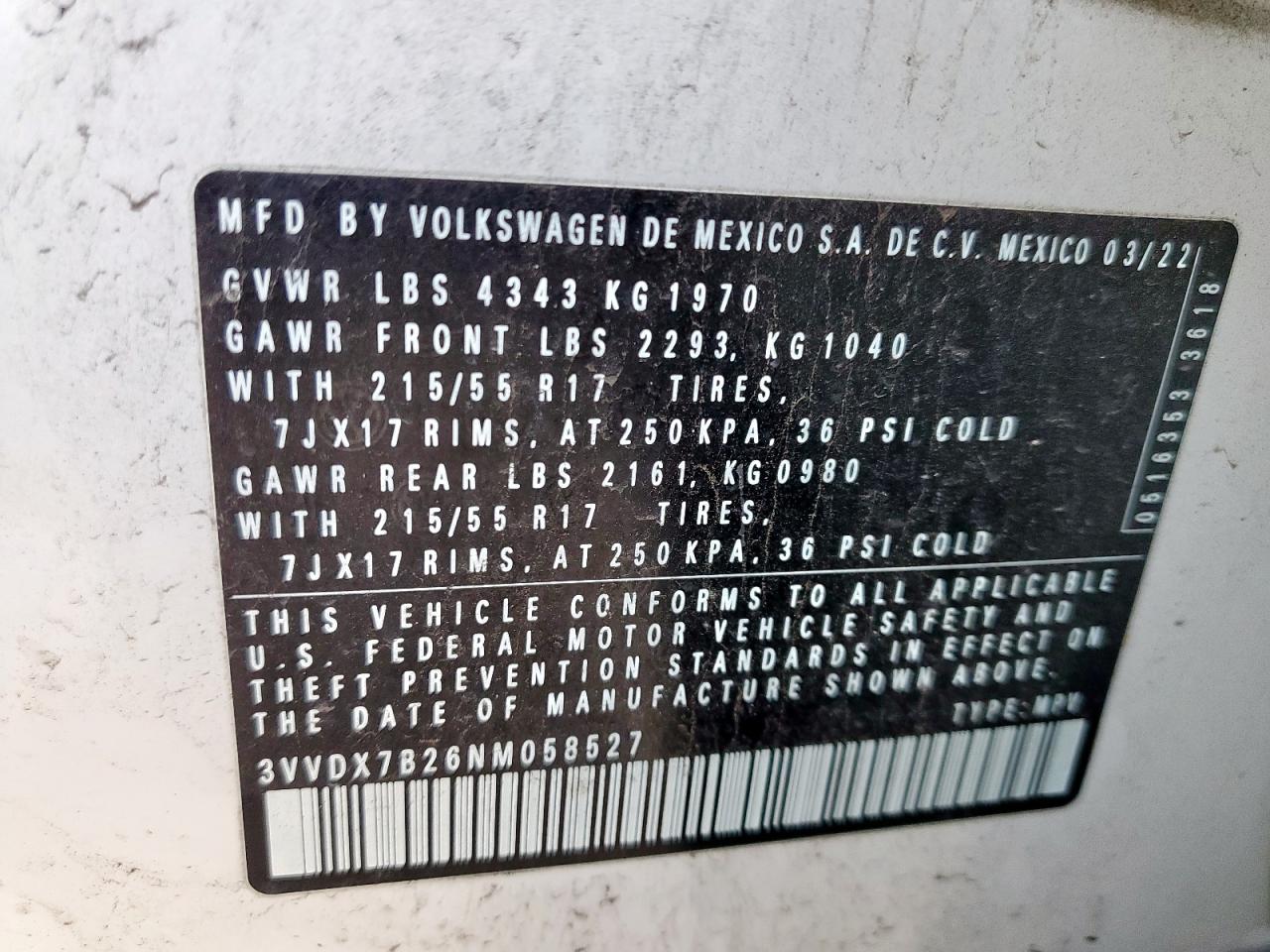 2022 Volkswagen Taos S VIN: 3VVDX7B26NM058527 Lot: 59637945