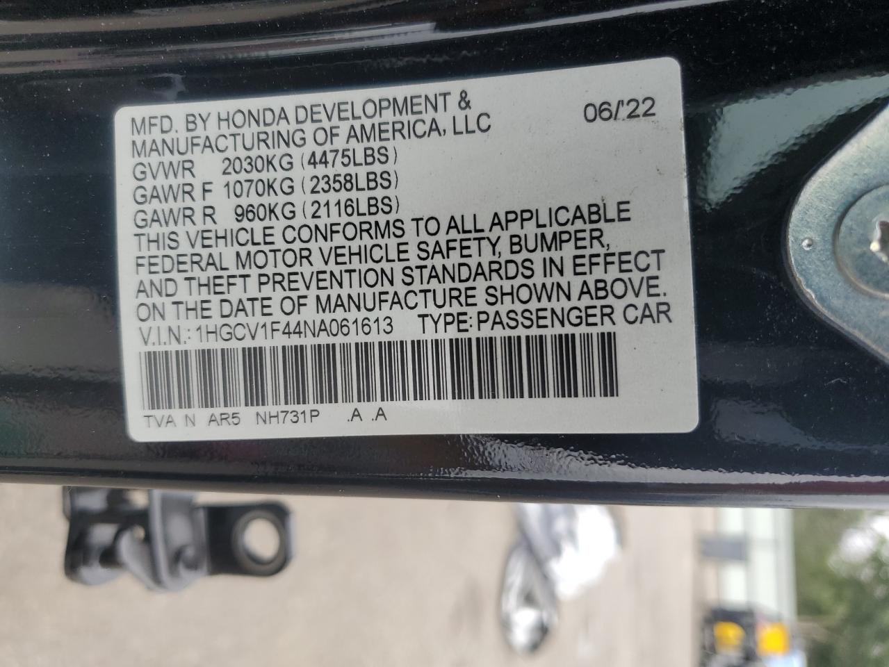 2022 Honda Accord Sport Se VIN: 1HGCV1F44NA061613 Lot: 59868745