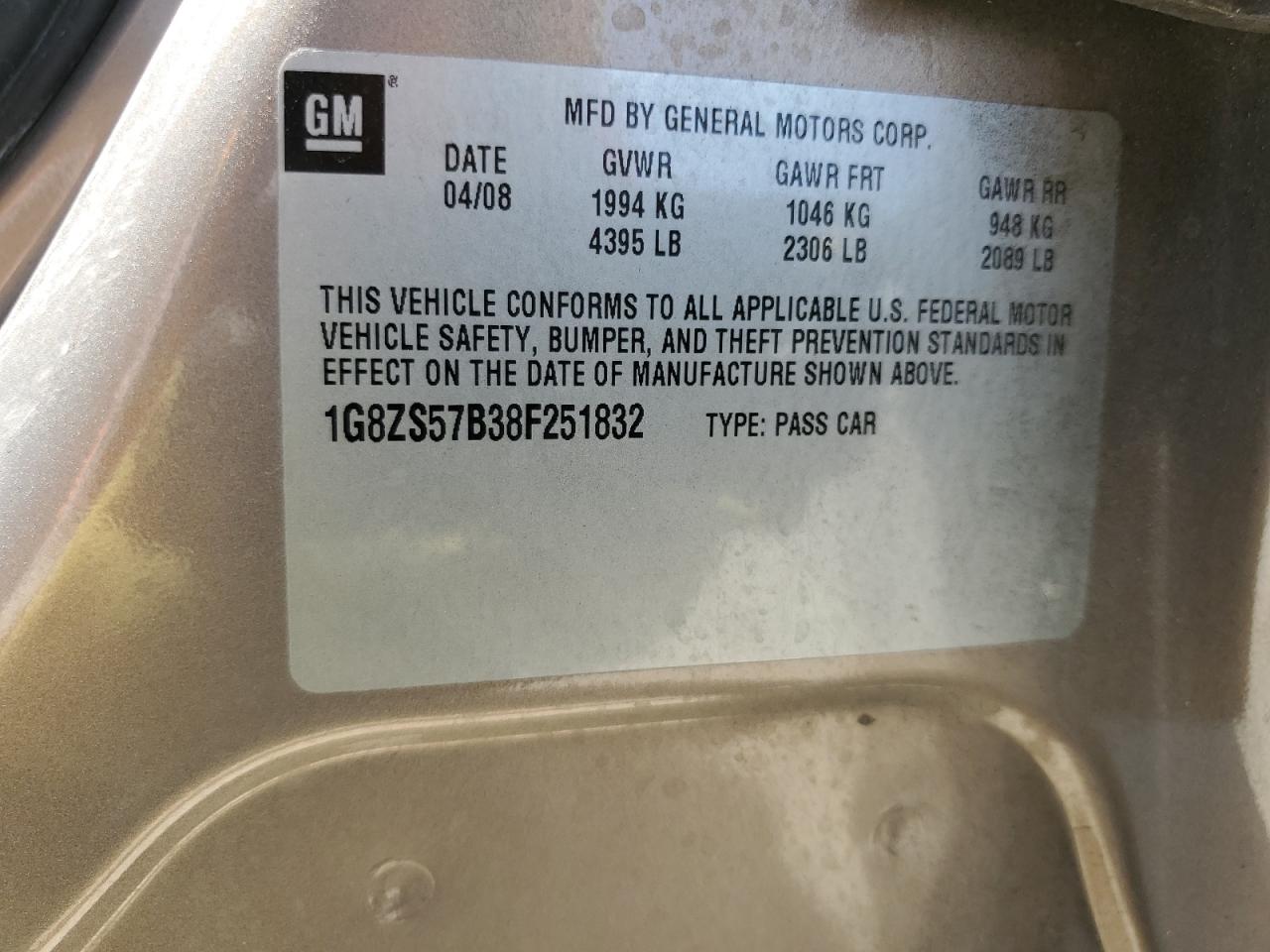 2008 Saturn Aura Xe VIN: 1G8ZS57B38F251832 Lot: 59810105