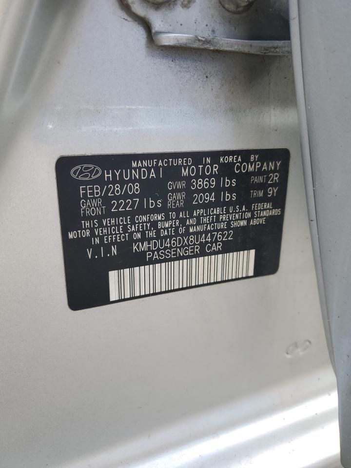 2008 Hyundai Elantra Gls VIN: KMHDU46DX8U447622 Lot: 63068765