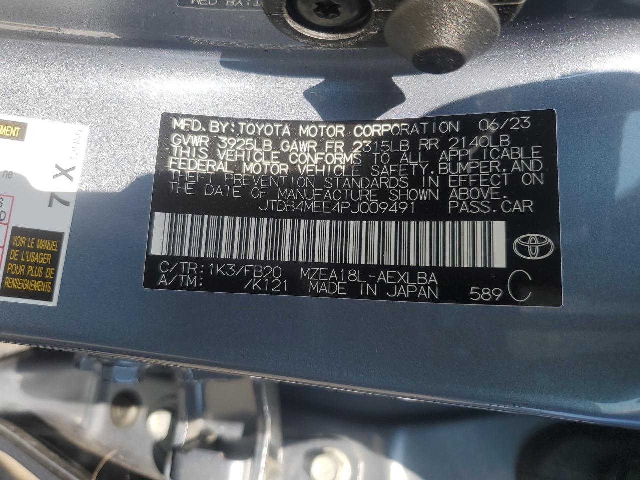 JTDB4MEE4PJ009491 TOYOTA COROLLA 2023