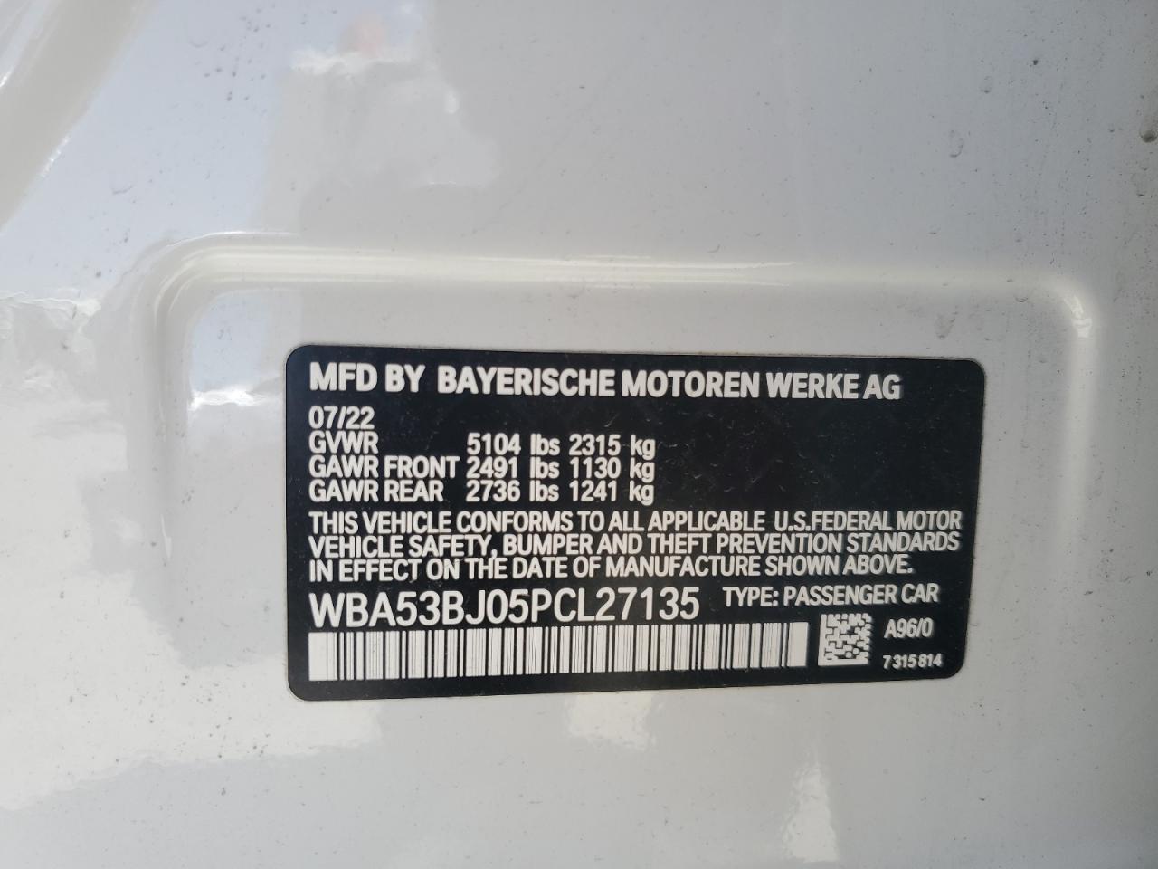 2023 BMW 540 I VIN: WBA53BJ05PCL27135 Lot: 59160375