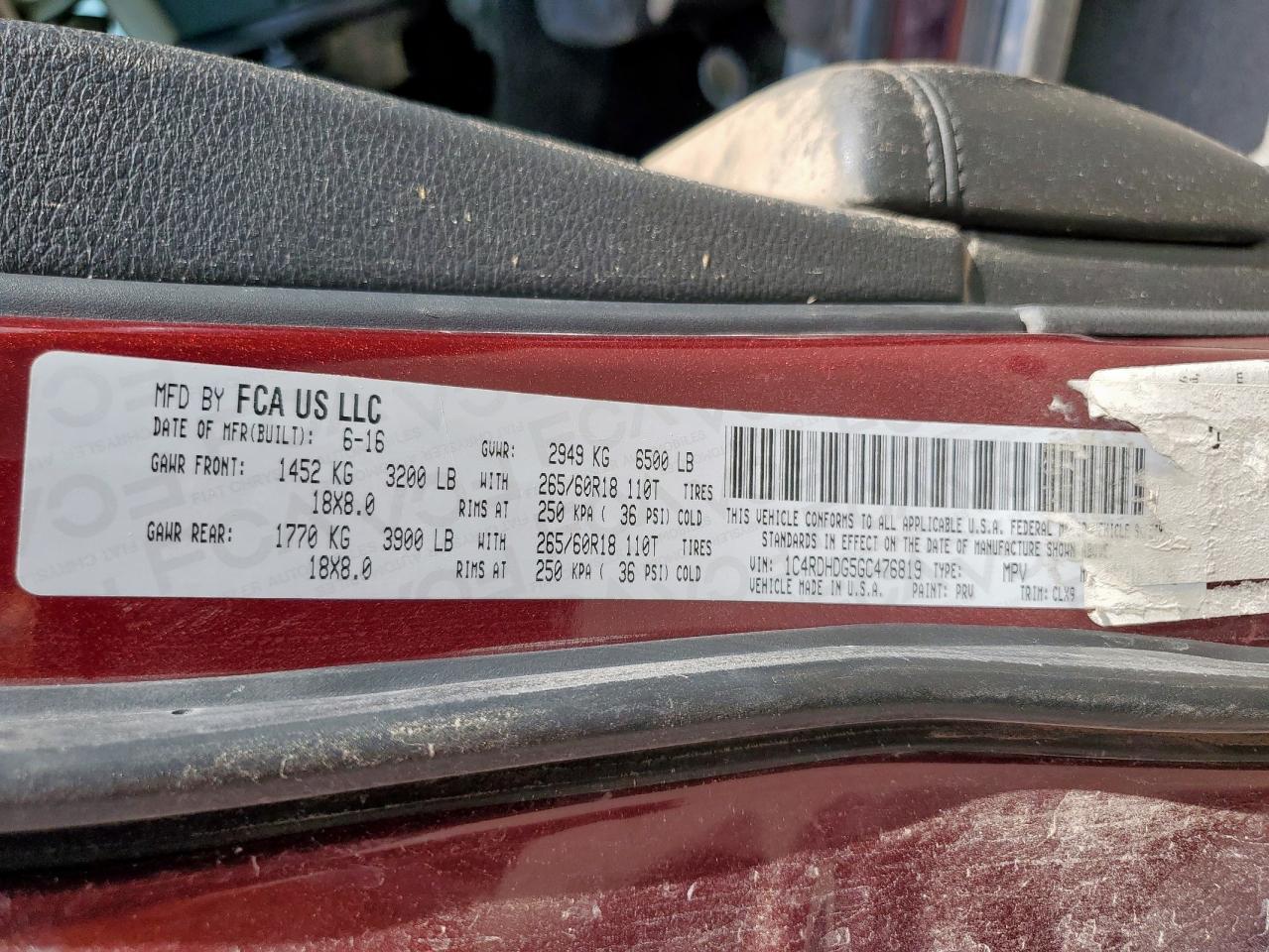 2016 Dodge Durango Limited VIN: 1C4RDHDG5GC476819 Lot: 62092605