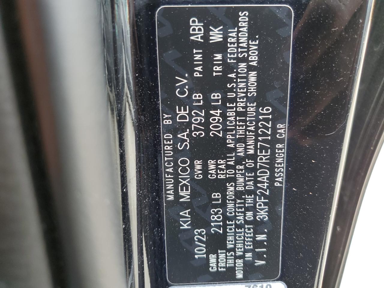 2024 Kia Forte Lx VIN: 3KPF24AD7RE712216 Lot: 62698275