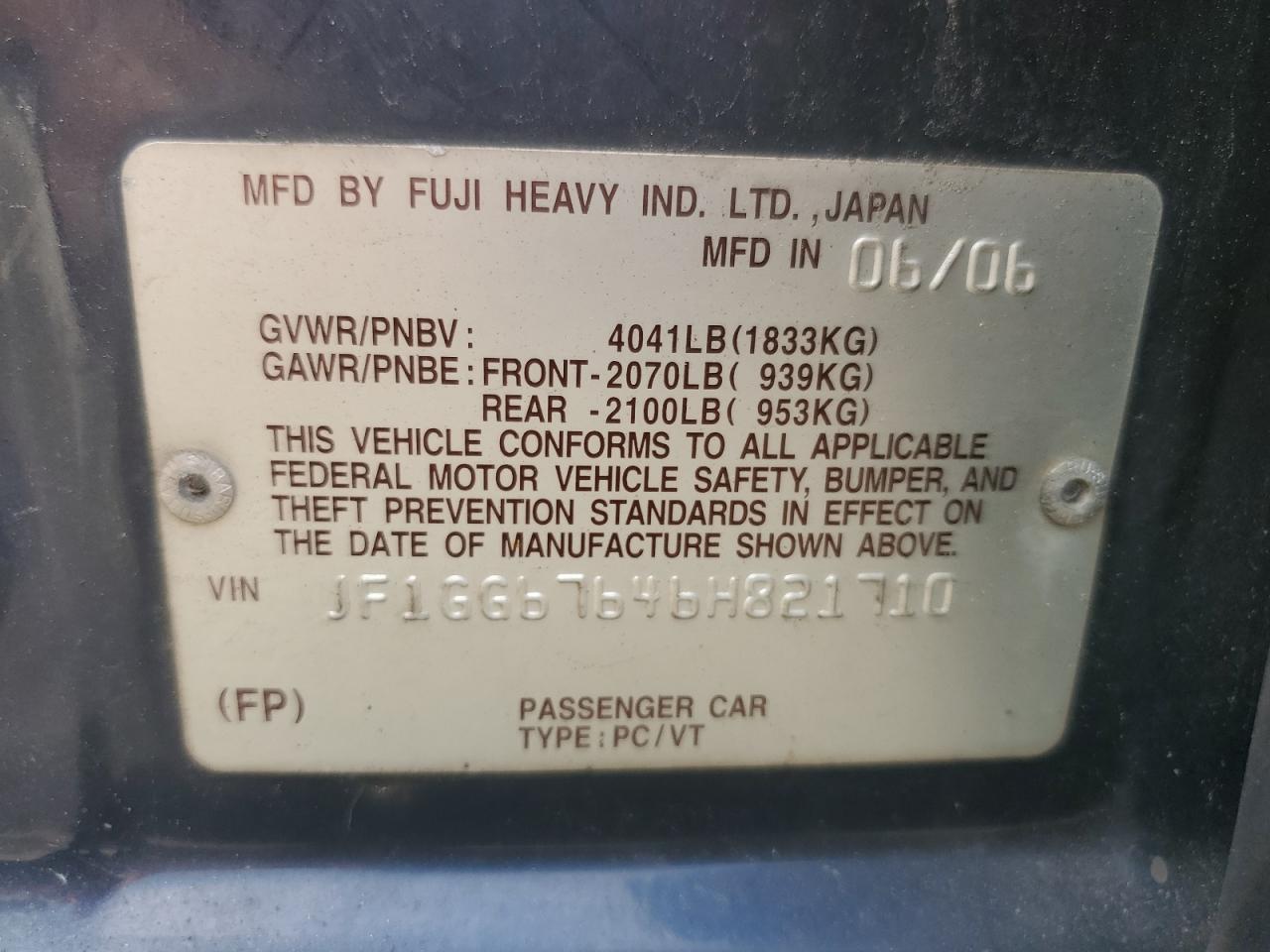 2006 Subaru Impreza 2.5I Sports Wagon VIN: JF1GG67646H821710 Lot: 62852845