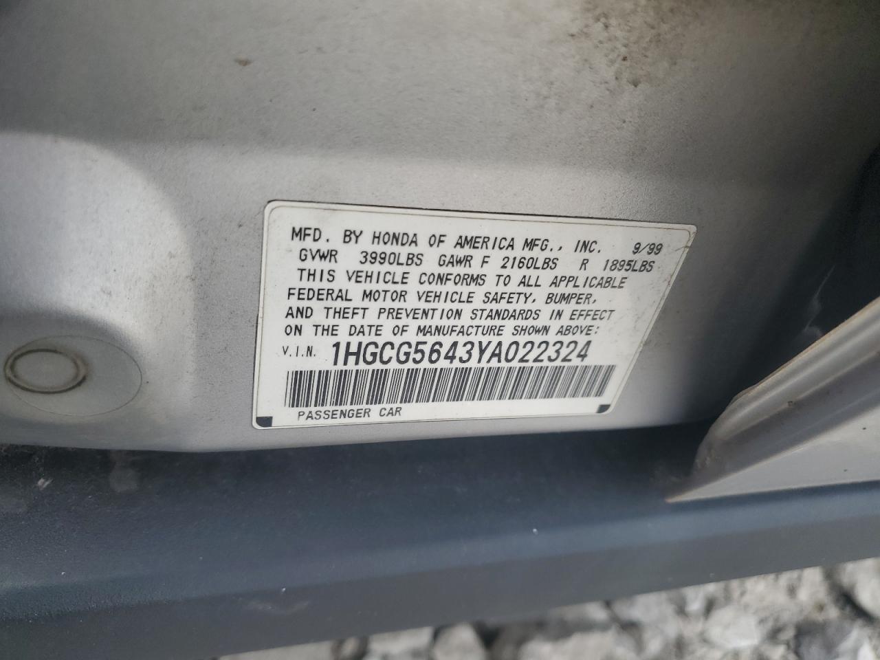 2000 Honda Accord Lx VIN: 1HGCG5643YA022324 Lot: 61430385