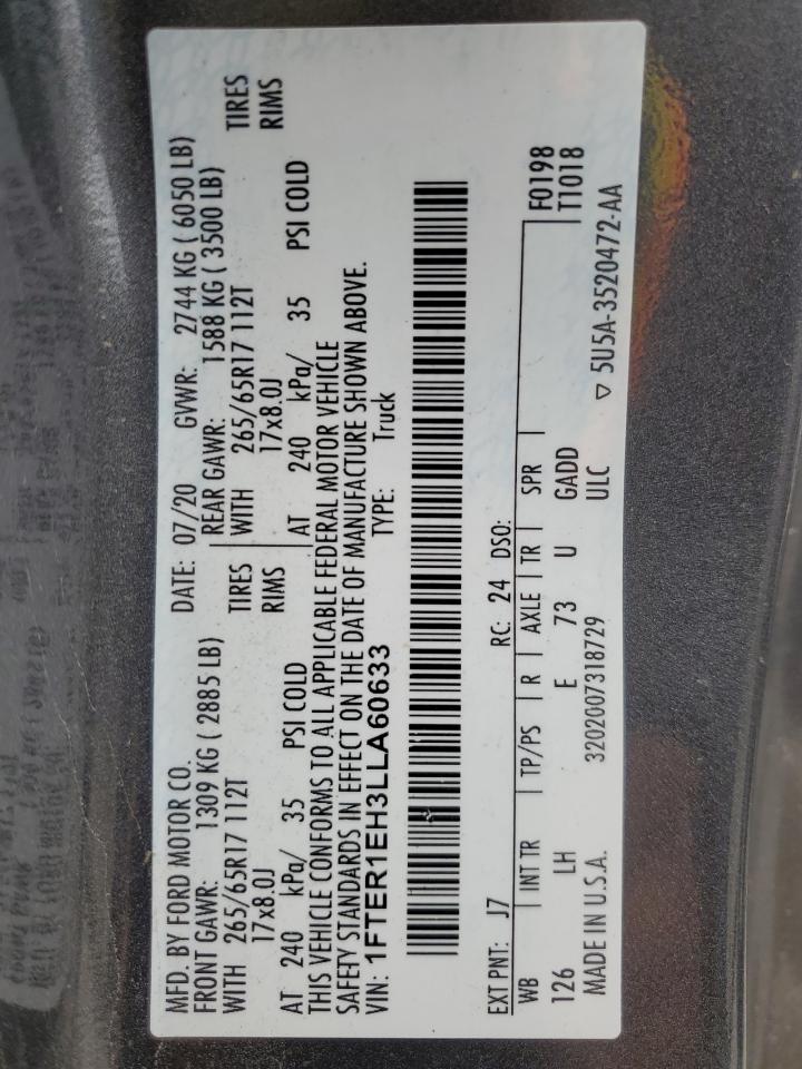 2020 Ford Ranger Xl VIN: 1FTER1EH3LLA60633 Lot: 61604035