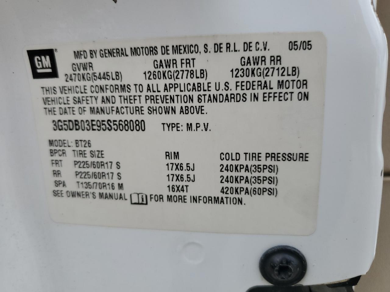 2005 Buick Rendezvous Cx VIN: 3G5DB03E95S568080 Lot: 58775455