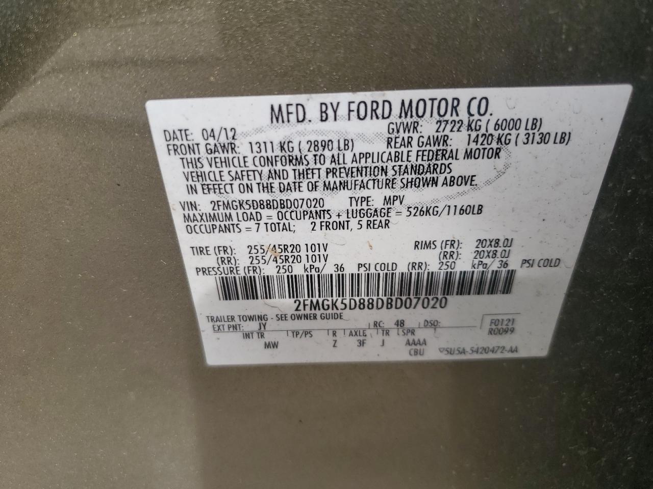 2013 Ford Flex Limited VIN: 2FMGK5D88DBD07020 Lot: 59911525