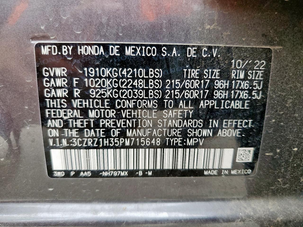 HONDA HR-V 2023 VIN 3CZRZ1H35PM715648 фото 13