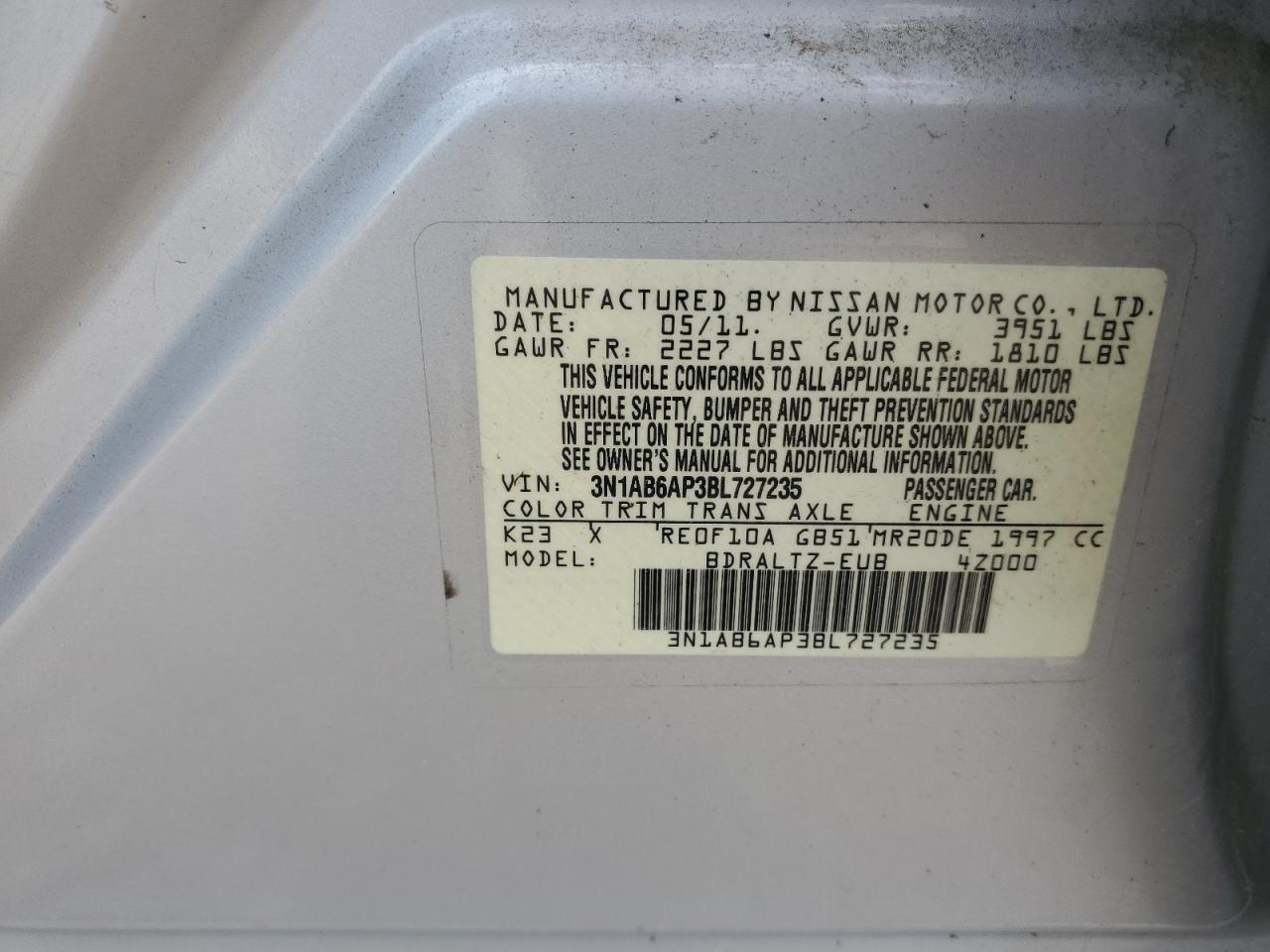 2011 Nissan Sentra 2.0 VIN: 3N1AB6AP3BL727235 Lot: 62152805