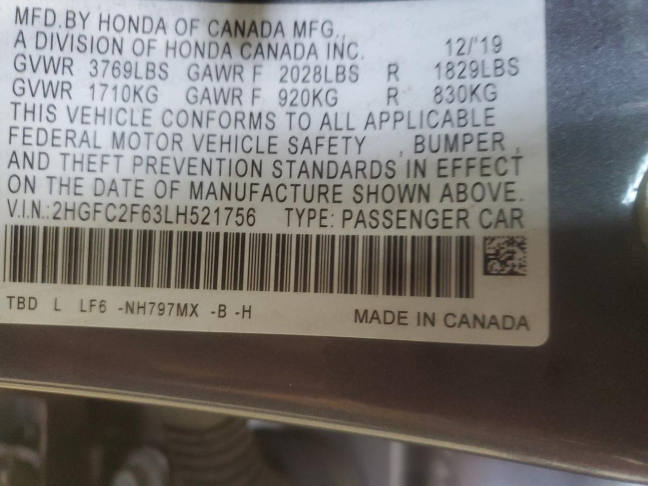 2HGFC2F63LH521756 HONDA CIVIC 2020