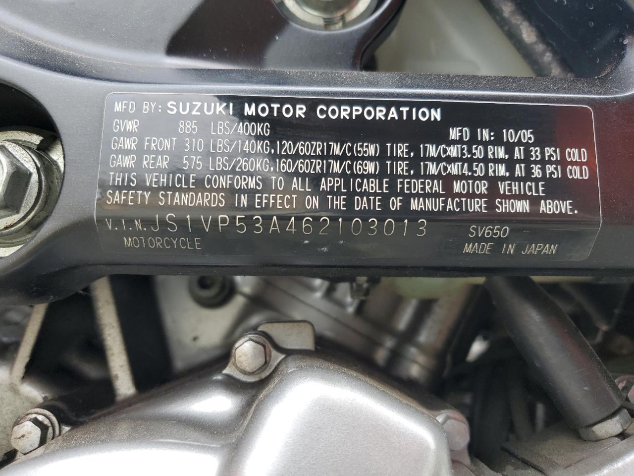 2006 Suzuki Sv650 VIN: JS1VP53A462103013 Lot: 62399045
