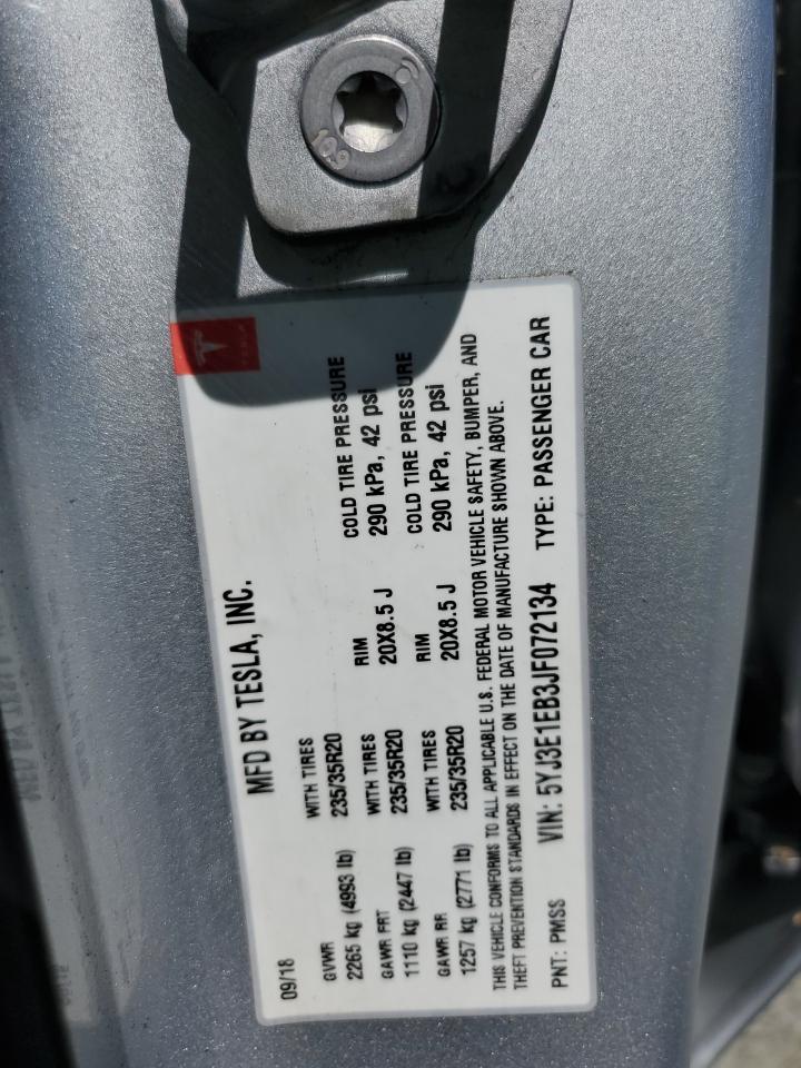 2018 Tesla Model 3 VIN: 5YJ3E1EB3JF072134 Lot: 63080615