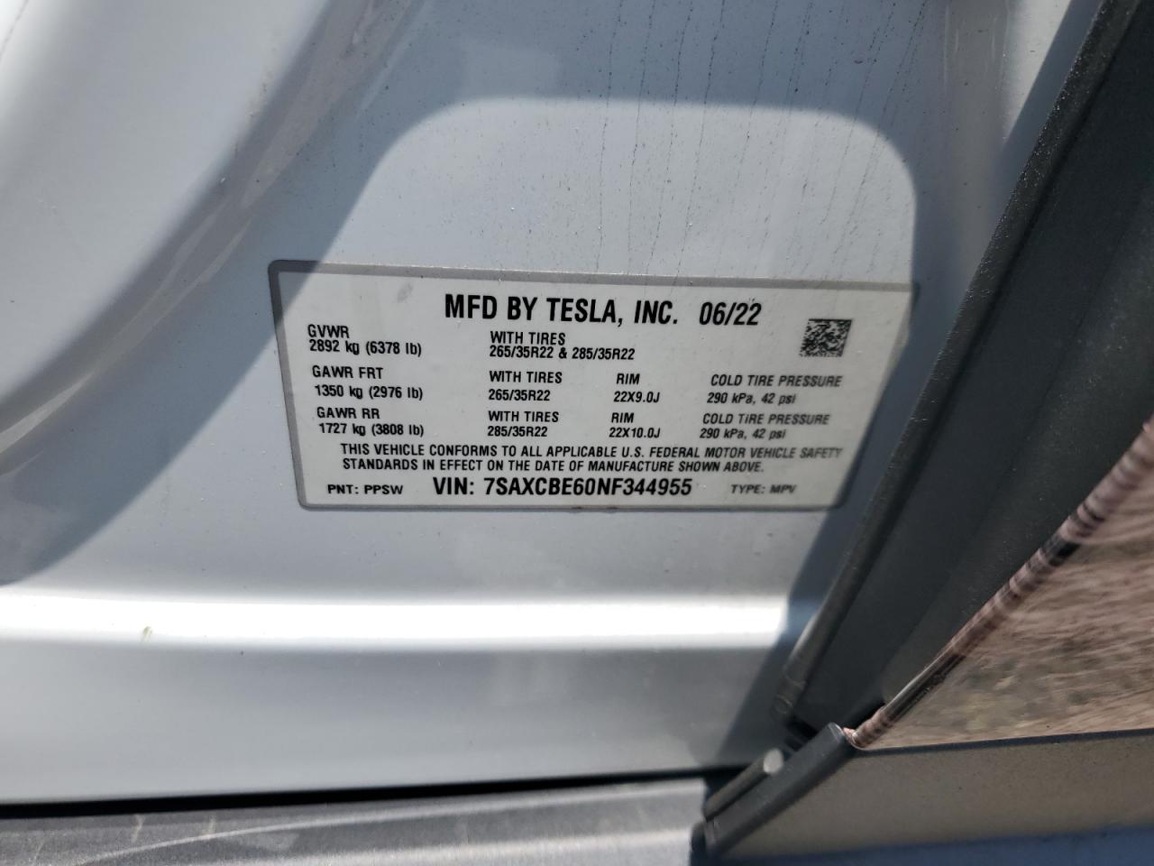 2022 Tesla Model X VIN: 7SAXCBE60NF344955 Lot: 60165195