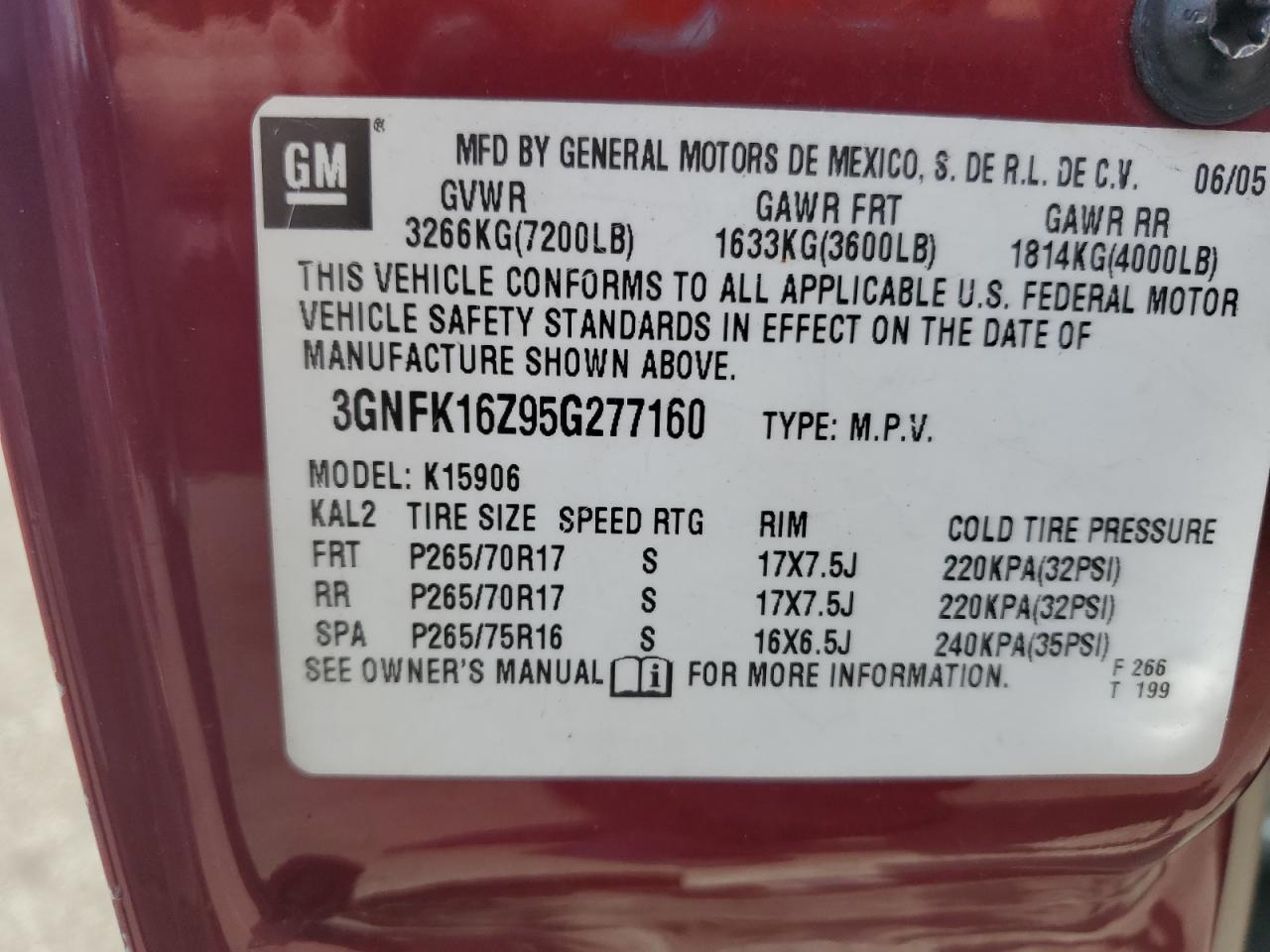 2005 Chevrolet Suburban K1500 VIN: 3GNFK16Z95G277160 Lot: 61791575