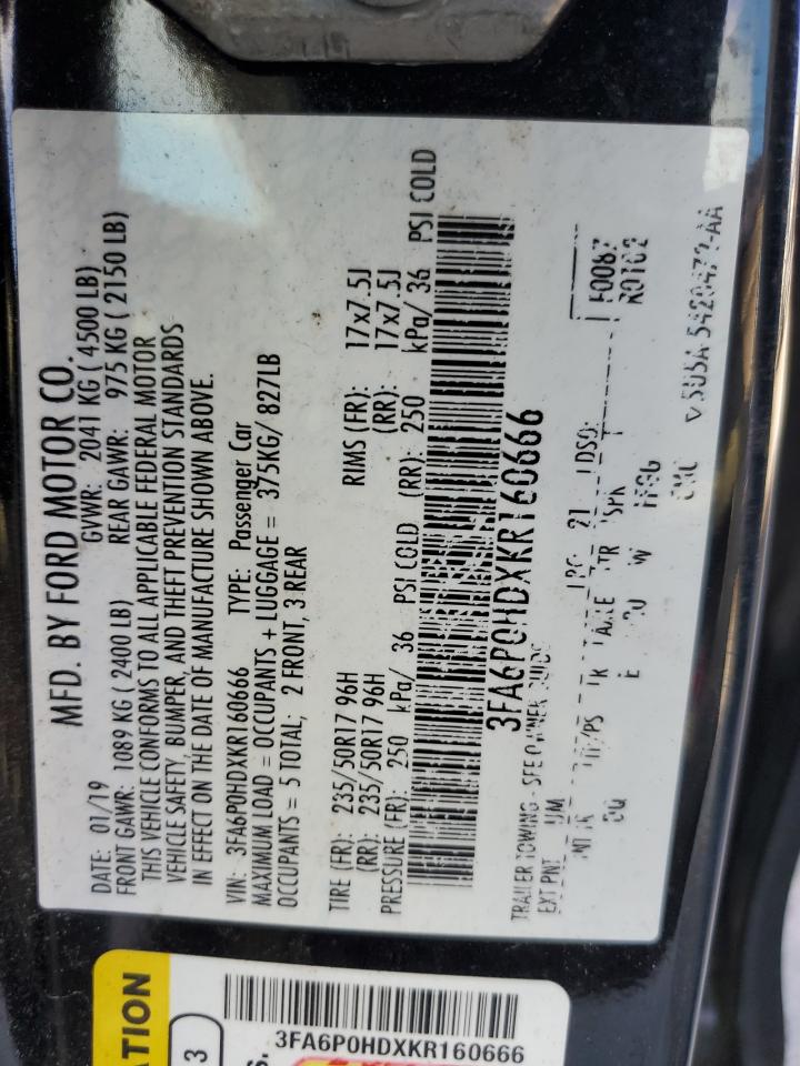 2019 Ford Fusion Se VIN: 3FA6P0HDXKR160666 Lot: 59194815