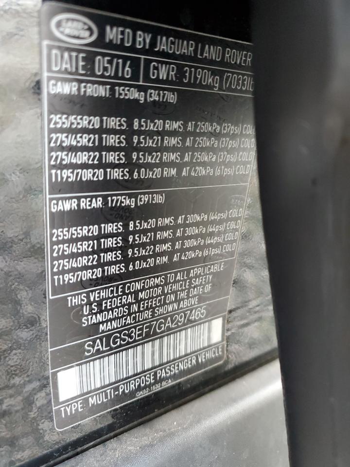 2016 Land Rover Range Rover Supercharged VIN: SALGS3EF7GA297465 Lot: 59972205