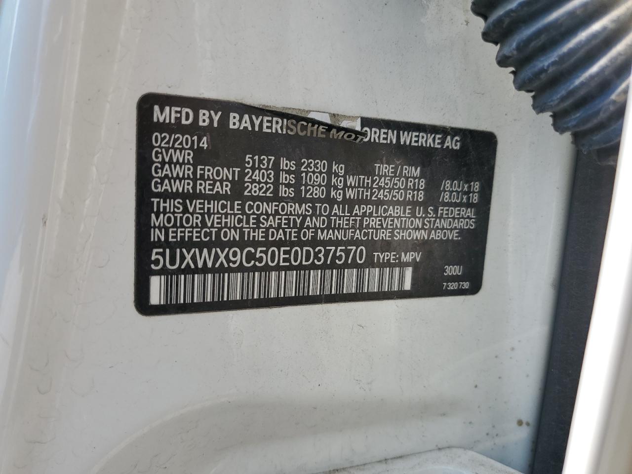 2014 BMW X3 xDrive28I VIN: 5UXWX9C50E0D37570 Lot: 59034995