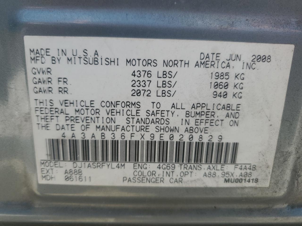 2009 Mitsubishi Galant Es VIN: 4A3AB36FX9E020829 Lot: 62155025