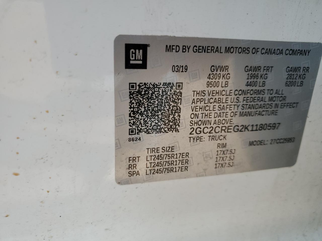 2GC2CREG2K1180597 CHEVROLET ALL Models 2019
