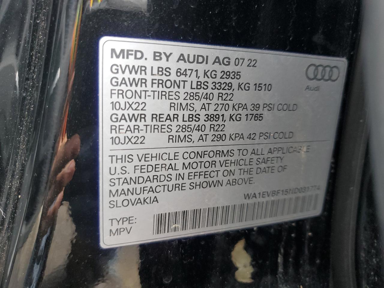 2022 Audi Q8 Premium Plus S-Line VIN: WA1EVBF15ND031774 Lot: 61594345