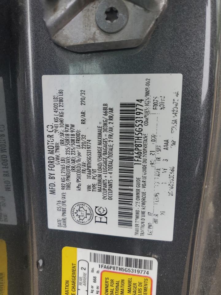 2016 Ford Mustang VIN: 1FA6P8TH5G5319774 Lot: 58694885