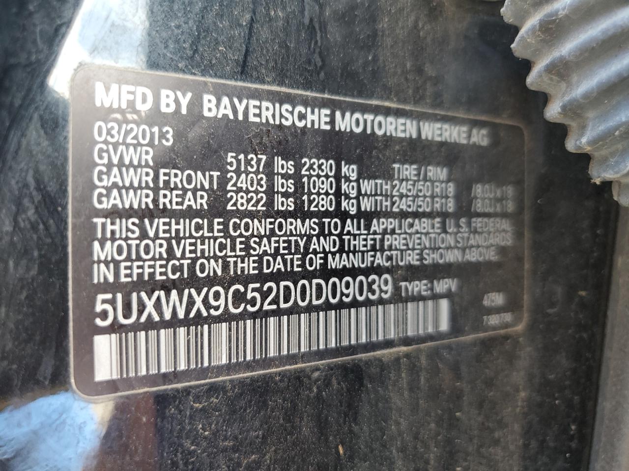2013 BMW X3 xDrive28I VIN: 5UXWX9C52D0D09039 Lot: 62115305
