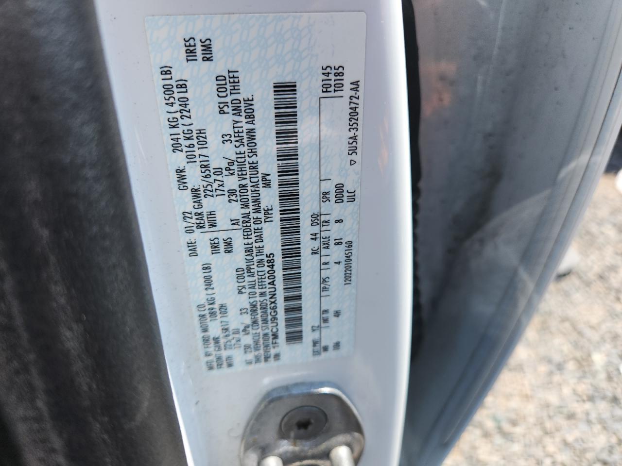 2022 Ford Escape Se VIN: 1FMCU9G6XNUA00485 Lot: 62967845