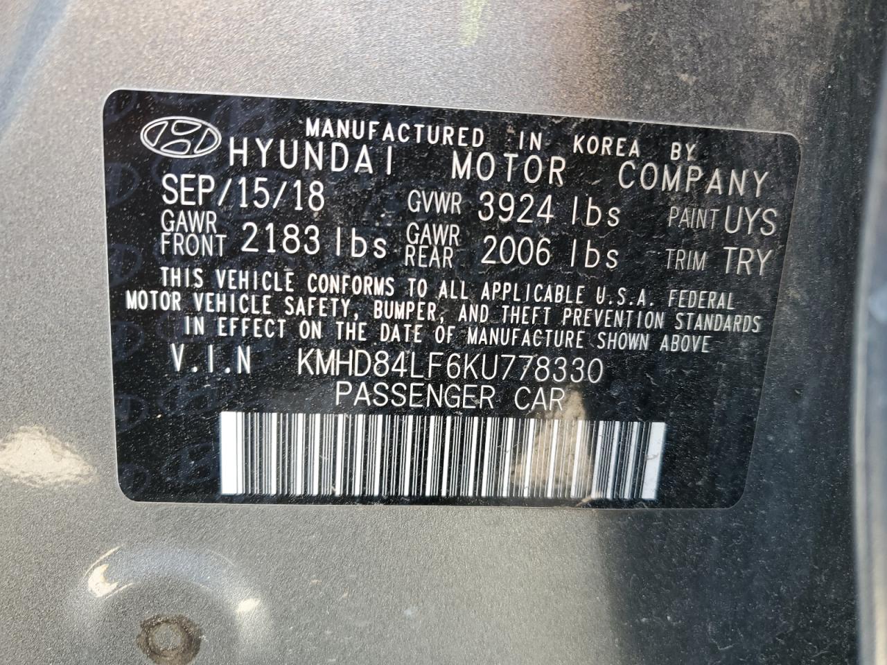 2019 Hyundai Elantra Sel VIN: KMHD84LF6KU778330 Lot: 62385165