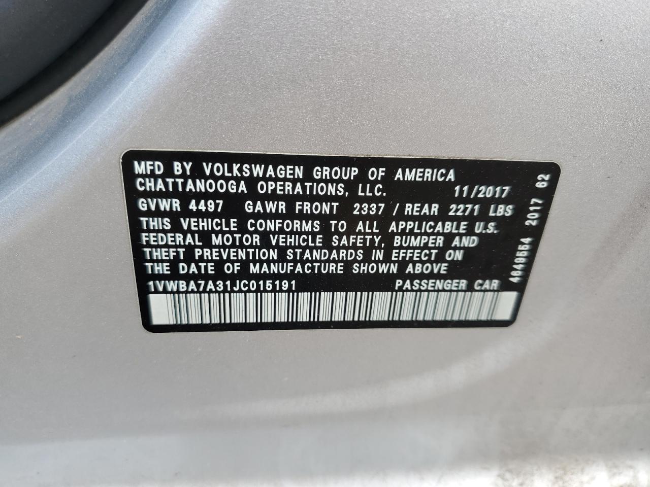 2018 Volkswagen Passat Se VIN: 1VWBA7A31JC015191 Lot: 61254745