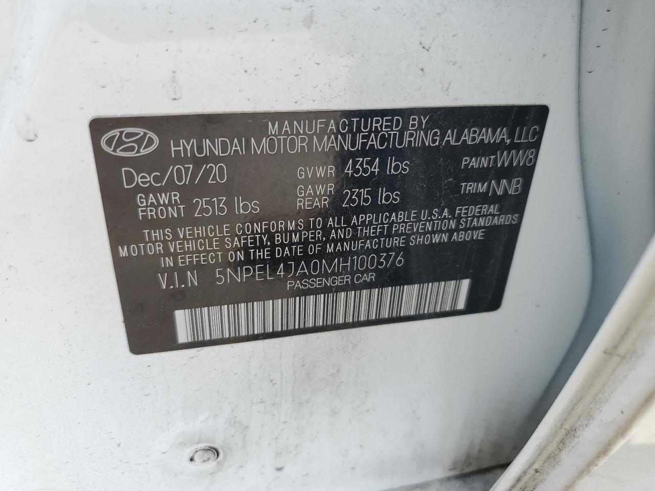 2021 Hyundai Sonata Sel VIN: 5NPEL4JA0MH100376 Lot: 62914465