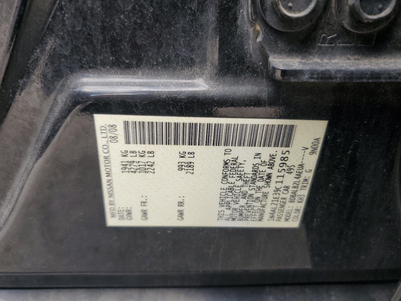 2009 Nissan Altima 2.5 VIN: 1N4AL21E39C115985 Lot: 63105545