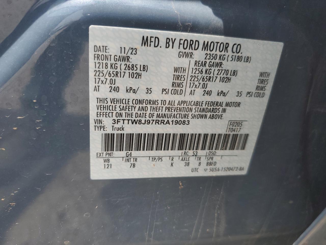2024 Ford Maverick Xlt VIN: 3FTTW8J97RRA19083 Lot: 60469375
