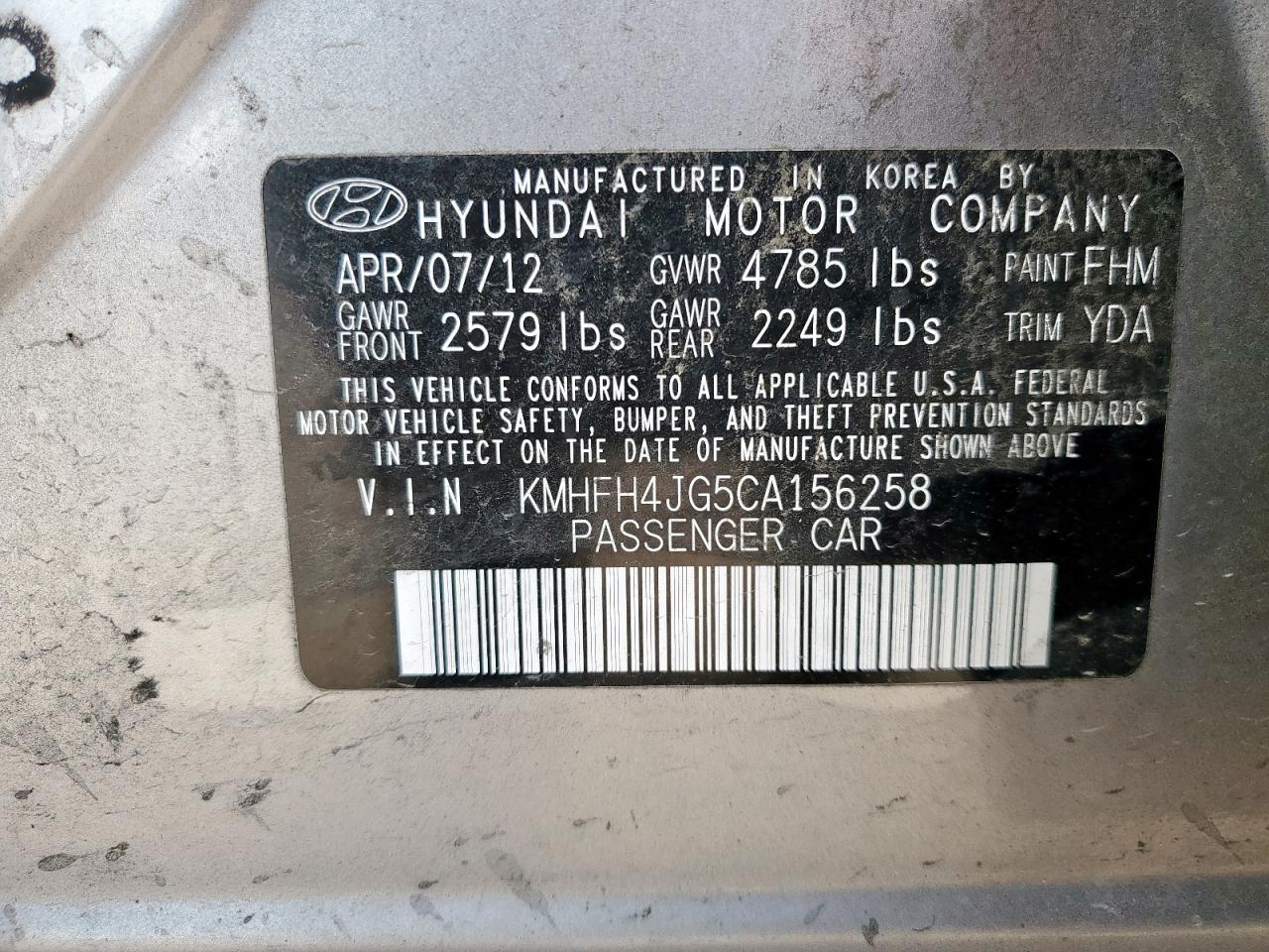 2012 Hyundai Azera Gls VIN: KMHFH4JG5CA156258 Lot: 59079035