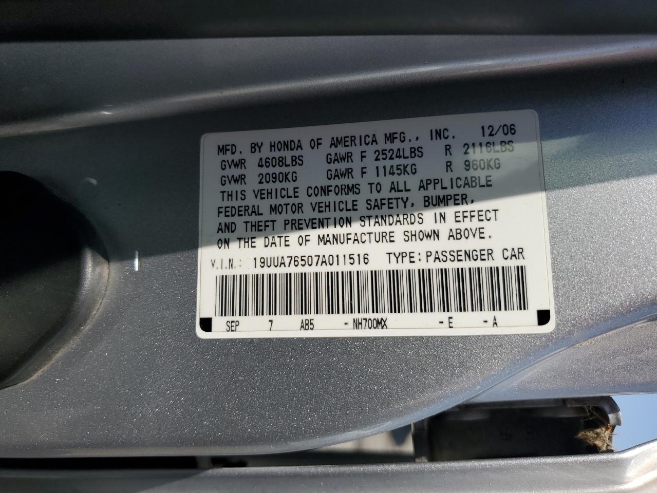2007 Acura Tl Type S VIN: 19UUA76507A011516 Lot: 62306695