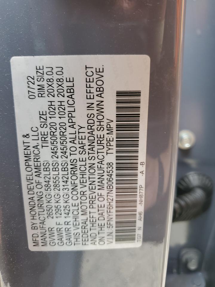 2022 Honda Pilot Se VIN: 5FNYF6H27NB064538 Lot: 60373965