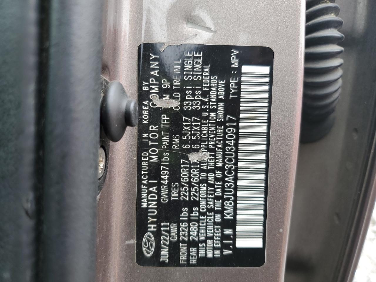 2012 Hyundai Tucson Gls VIN: KM8JU3AC3CU340917 Lot: 62987225