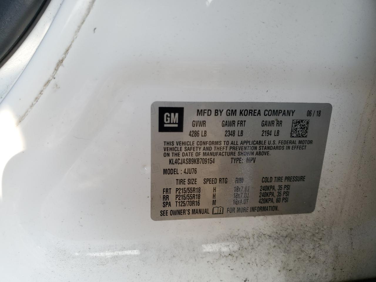 2019 Buick Encore Preferred VIN: KL4CJASB9KB709154 Lot: 62156285