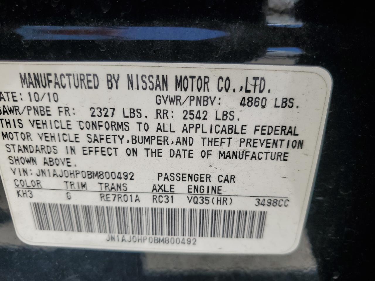 2011 Infiniti Ex35 Base VIN: JN1AJ0HP0BM800492 Lot: 62944395