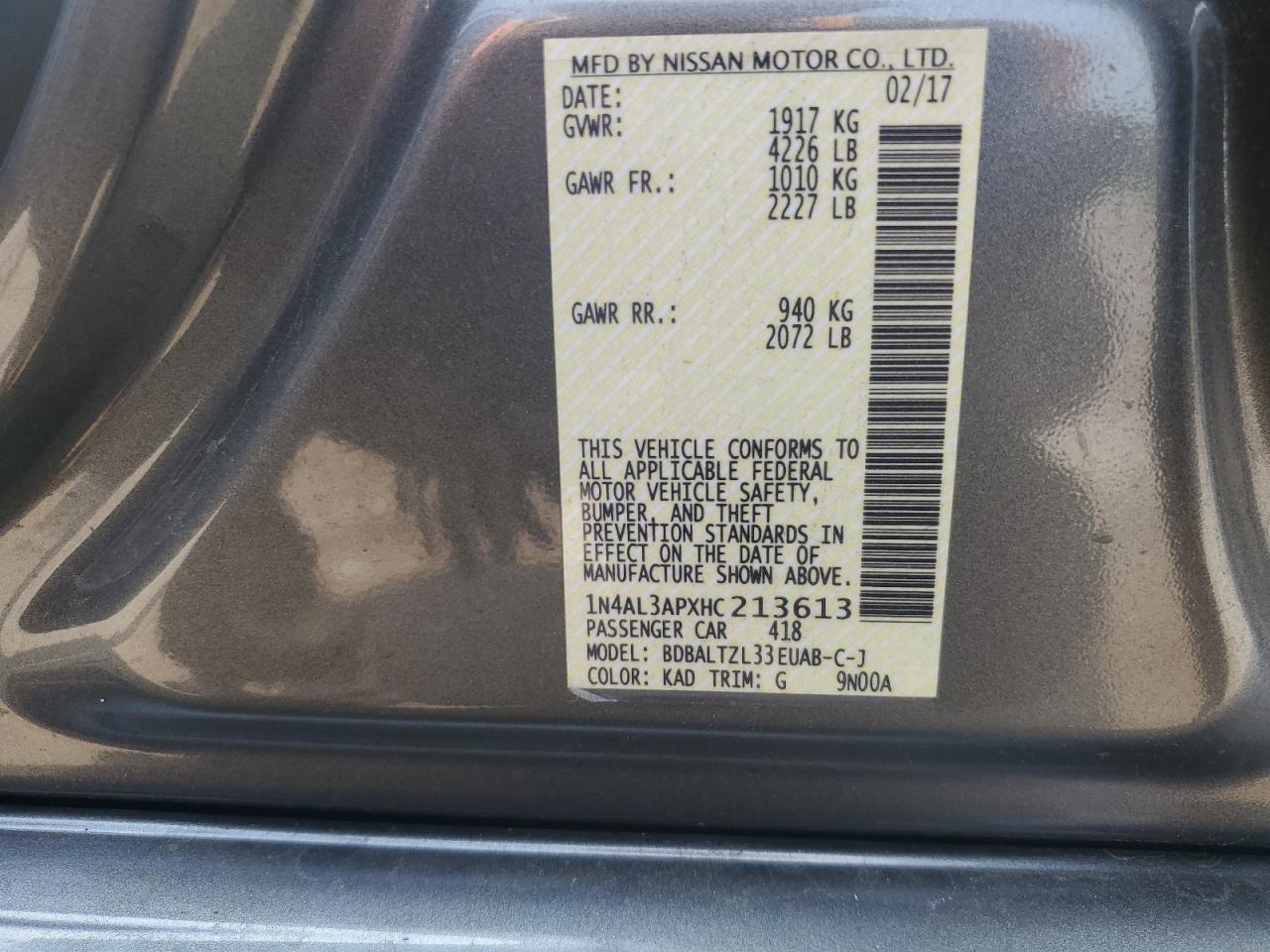 1N4AL3APXHC213613 NISSAN ALTIMA 2017