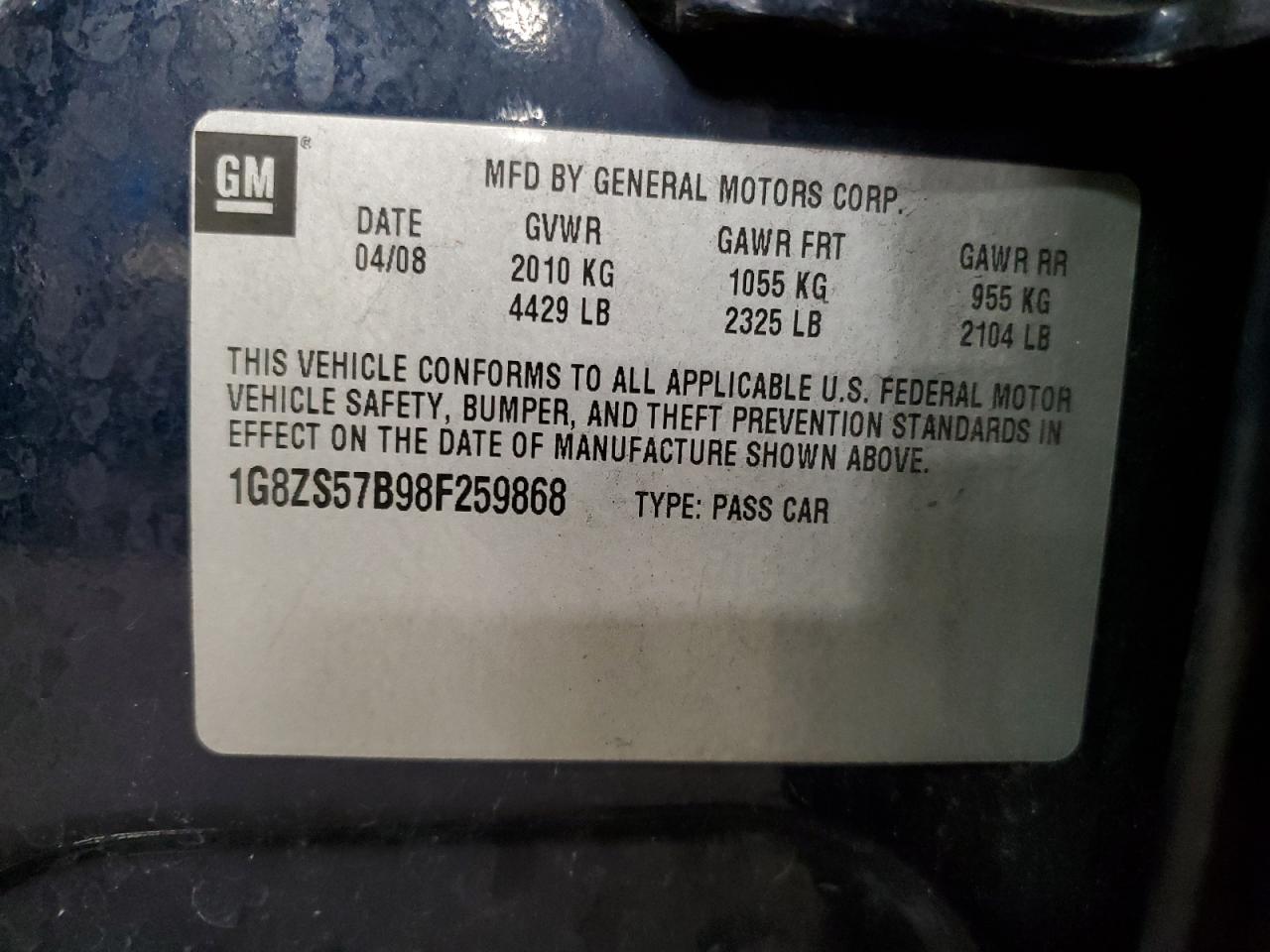 2008 Saturn Aura VIN: 1G8ZS57898F259868 Lot: 62621335