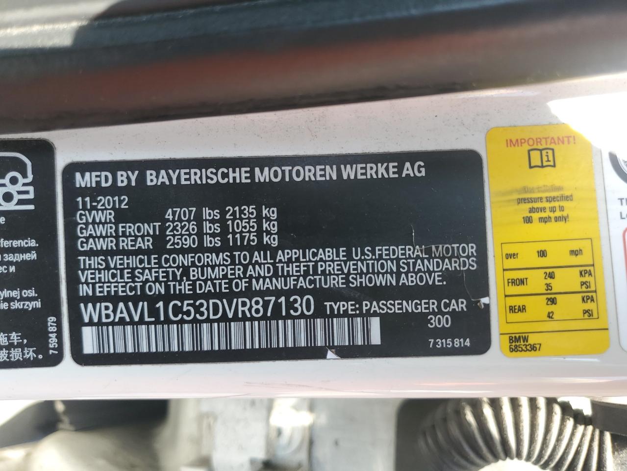 2013 BMW X1 xDrive28I VIN: WBAVL1C53DVR87130 Lot: 62338095