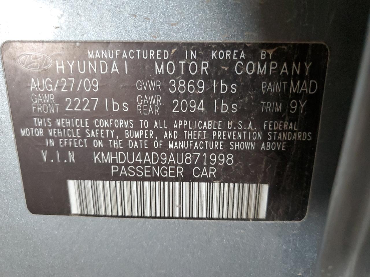 HYUNDAI ELANTRA 2010 VIN KMHDU4AD9AU871998 zdjęcie 12