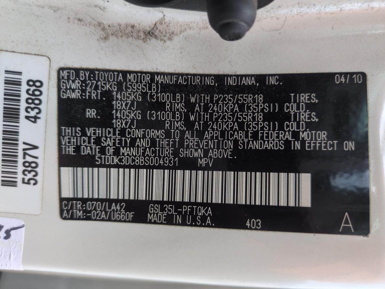 2011 Toyota Sienna Xle VIN: 5TDDK3DC8BS004931 Lot: 62487305